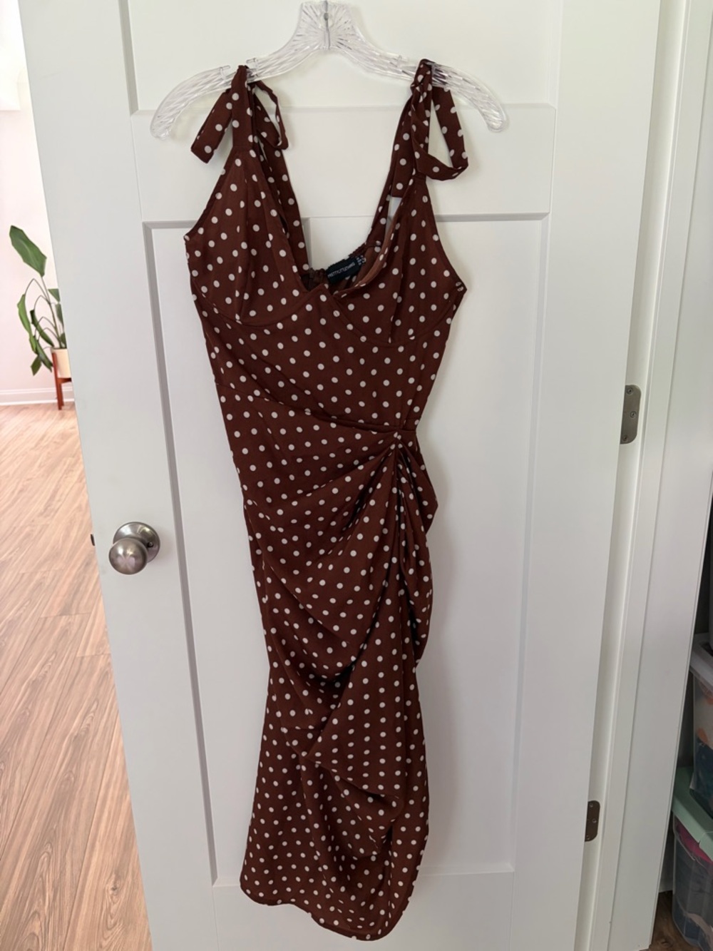PrettyLittleThing Polka Dot Chocolate Brown Midi Dress Ruched Tie Strap US 12